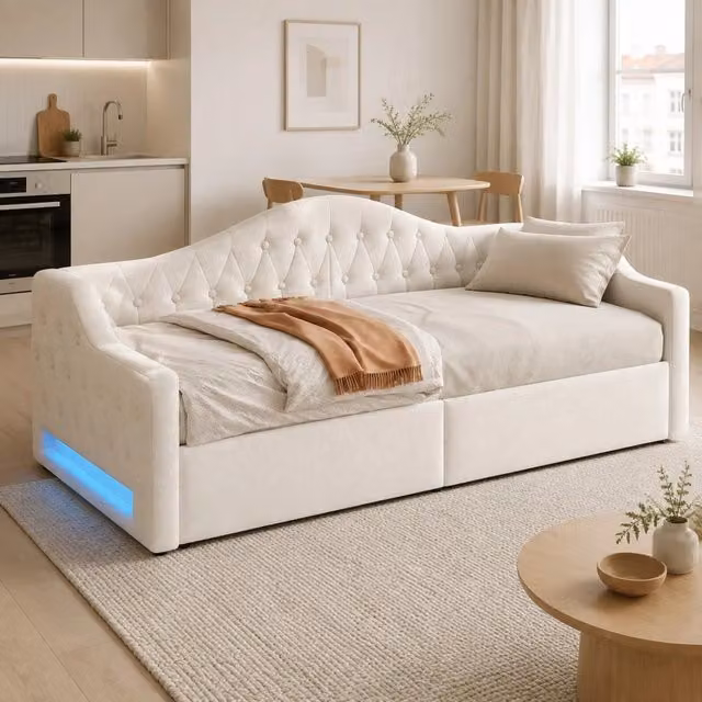 Letto da giorno imbottito 90x200 cm con LED e contenitore beige