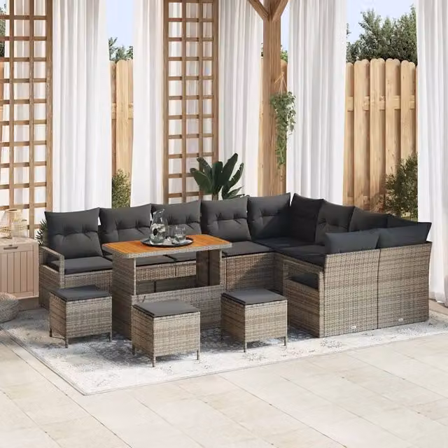 Set Divano da Giardino Moderno vidaXL in Rattan e Legno di Acacia Grigio 13 Pezzi