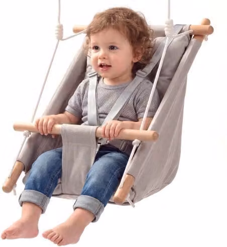 VEVOR Altalena per Neonati Portata Massima 30 kg 3 Modalità di Utilizzo, in Tela Grigia, Imbracatura a 5 Punti e Cinghie per Alberi, Sedile Sospeso in Legno Cuscino Integrato, per Bambini Piccoli