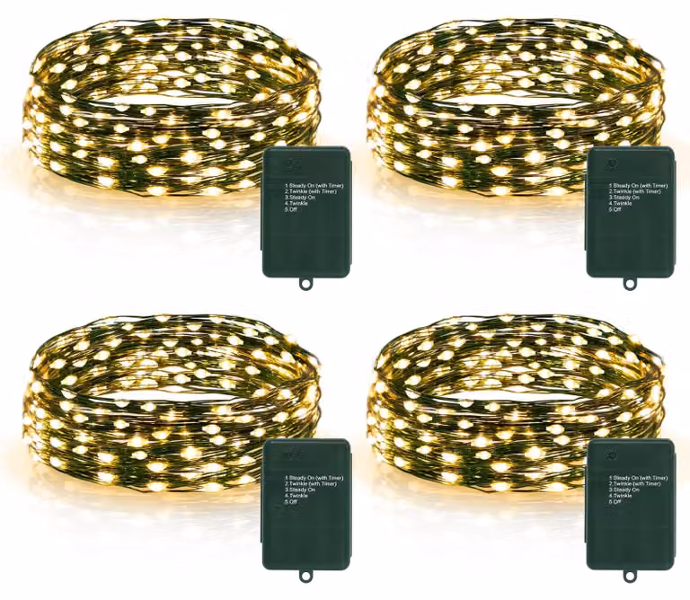 Catena luminosa, confezione da 4, lunghezza 5 metri, 200 LED, luce bianco caldo, alimentazione a batteria, timer, 5 modalità