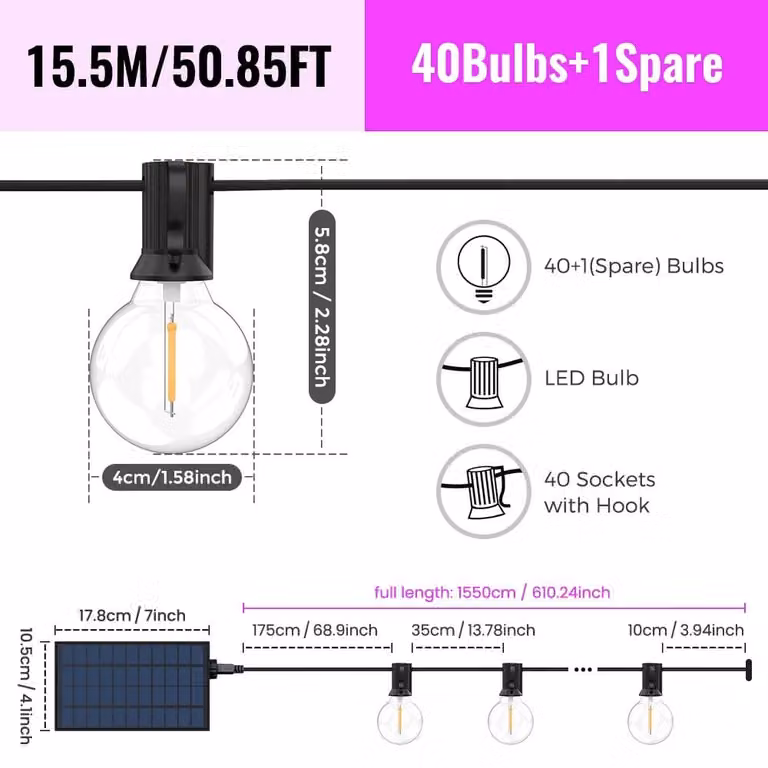 Catena luminosa solare con LED - Catena luminosa G40 - 15,5 metri - 41 lampadine LED - Luce bianco caldo - Telecomando - 8 modalità di illuminazione lampeggiante - Intensità regolabile