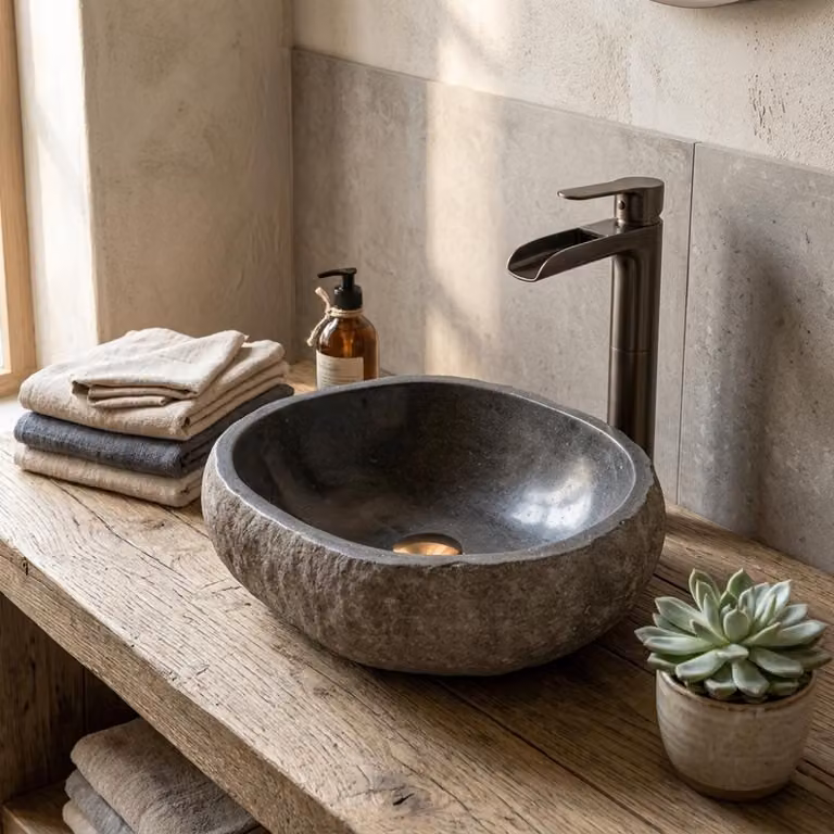 Lavabo NATURSTEIN-L, circa 40 cm, pietra di fiume, masso erratico