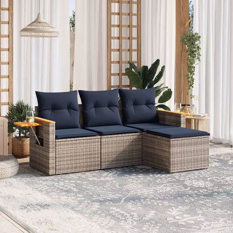 Set di divani da giardino vidaXL in polyrattan grigio con cuscini e tavolino da esterno