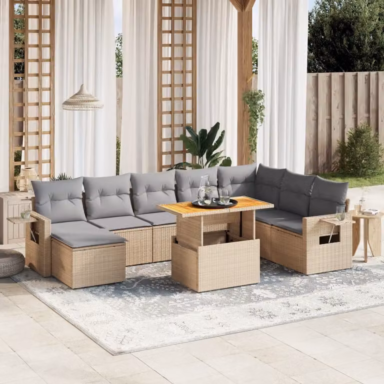 vidaXL Set Divano da Giardino a L 9 pz in Polyrattan con Cuscini Beige e Tavolino