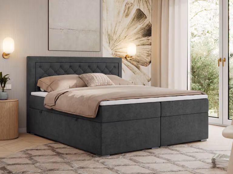 MKS MEBLE Letto boxspring 160x200 con contenitore, letto imbottito 160x200 con materasso H3 e topper, letto boxspring 160x200, letto imbottito 160x200, letto 160x200 con testiera - Grigio scuro strutturato - H3 - JASIR