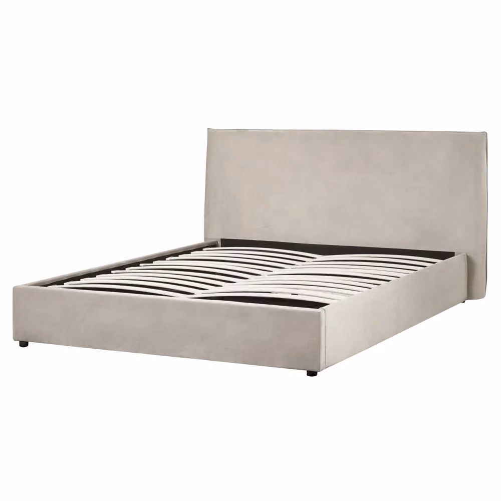 Letto Beliani con rivestimento in velluto grigio talpa e contenitore, testata classica e doghe in legno di pino, L/P/H: 160 x 200 x 126 cm – 2