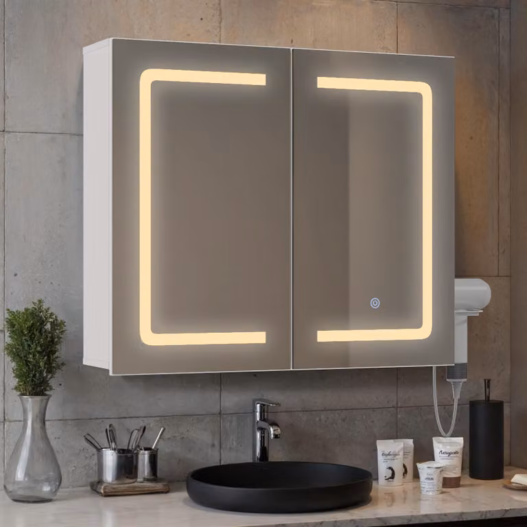 Specchio contenitore BEALIFE 70x60x16 cm con illuminazione LED regolabile | Mobile bagno illuminato con spazio contenitivo | Bianco | AP84