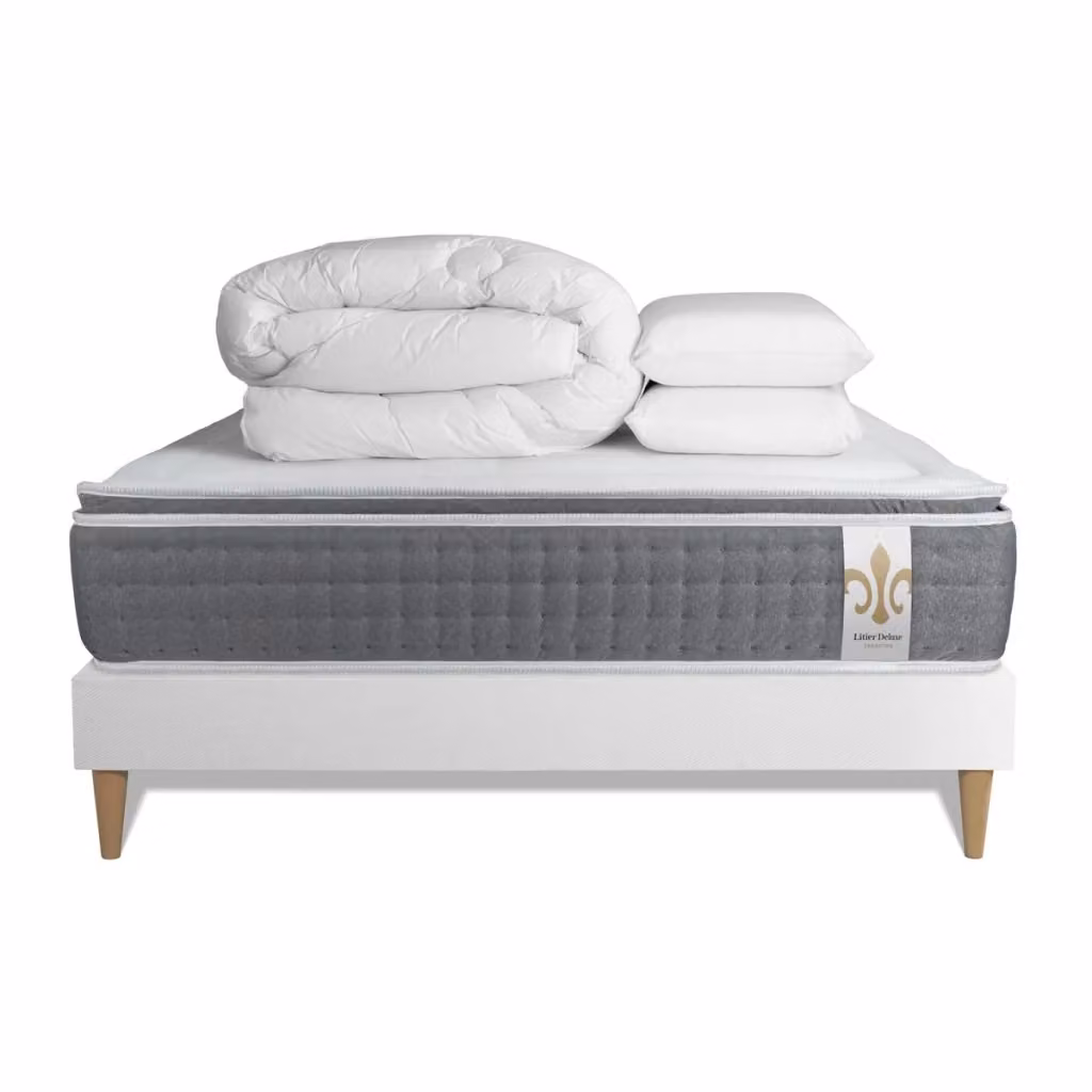 Kit letto completo Vingt-Six PLUS con materasso in schiuma 140x200 cm, box spring con doghe, 2 cuscini e piumino, colore bianco – 2