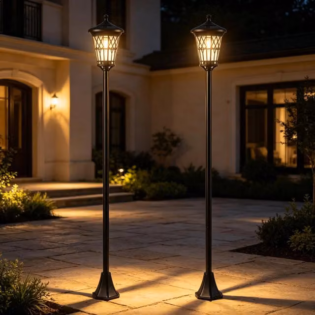 Set di 2 lampade solari da giardino, lampioni stradali alti 1,86 m realizzati in acciaio inox nero regolabile in altezza.