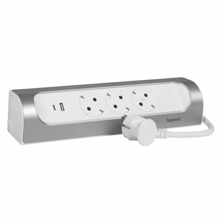 Presa angolare Legrand 3x presa di corrente, USB-A, USB-C, cavo da 1 m ultra bianco/alluminio 694502