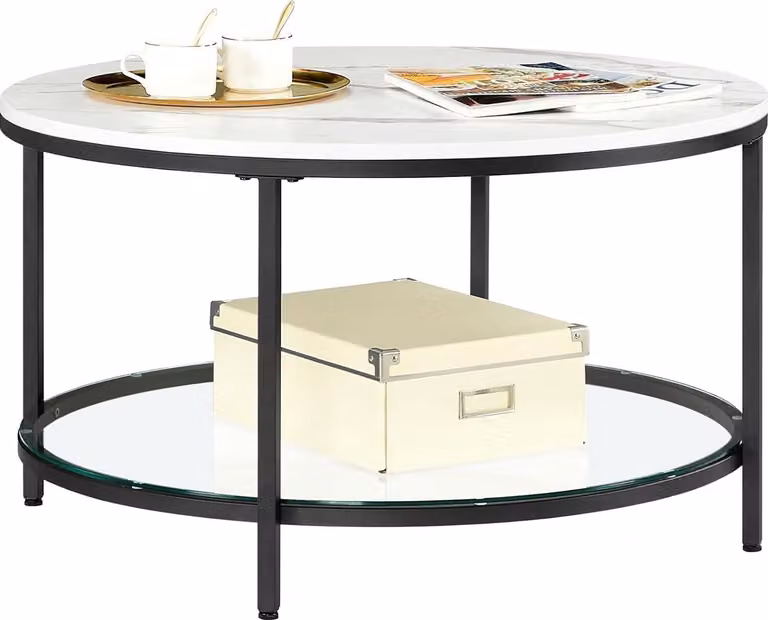 VASAGLE tavolino da salotto tavolo da divano per soggiorno con piano in vetro molto spazio di archiviazione facile montaggio stile moderno look marmo bianco