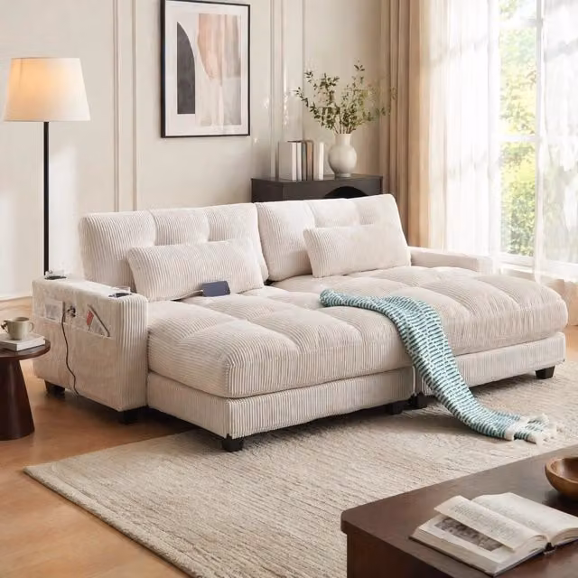 Poltrona relax in velluto a coste con USB; portabicchieri e tasche laterali 140x112x81 cm beige