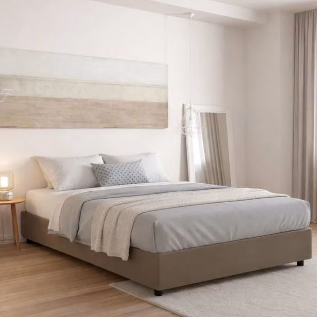 Letto matrimoniale contenitore Azuko con rivestimento in ecopelle e materasso incluso, Tortora, L/P/H: 140 x 200 x 155 cm