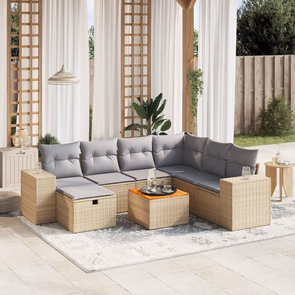 vidaXL Set Divano da Giardino 8 pz a L con Cuscini Beige e Grigio in Polyrattan e Metallo – 1