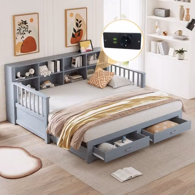 Divano letto estraibile in legno massello 90/180 x 190 cm, armadio contenitore con presa di ricarica nel bracciolo, 2 cassetti e rete a doghe, Grigio