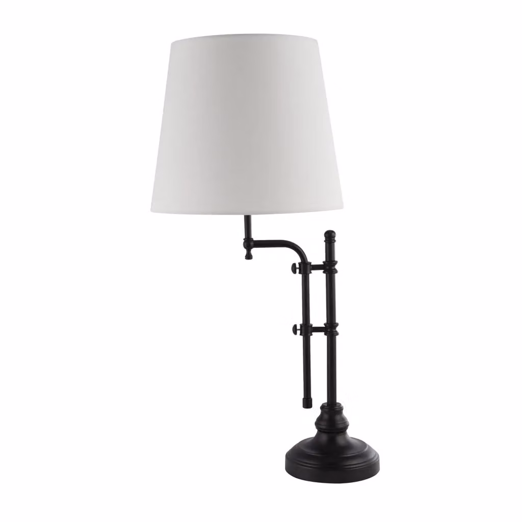 Lampada da tavolo Searchlight regolabile in metallo nero e tessuto bianco per soggiorno o camera da letto con attacco E27 – 2
