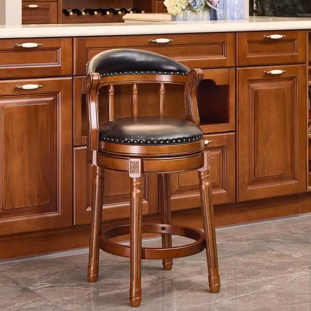 Sgabello da Bar Girevole con Schienale ¨C MINIMAL ¨C Pelle di Vacchetta, Legno, Seduta Alta