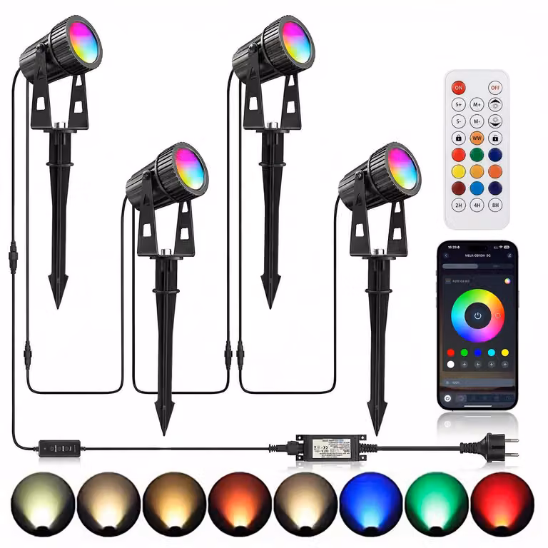 Set di 4 fari da giardino a LED, RGBW, 24V, 12W, con controllo tramite app e telecomando, grado di protezione IP65