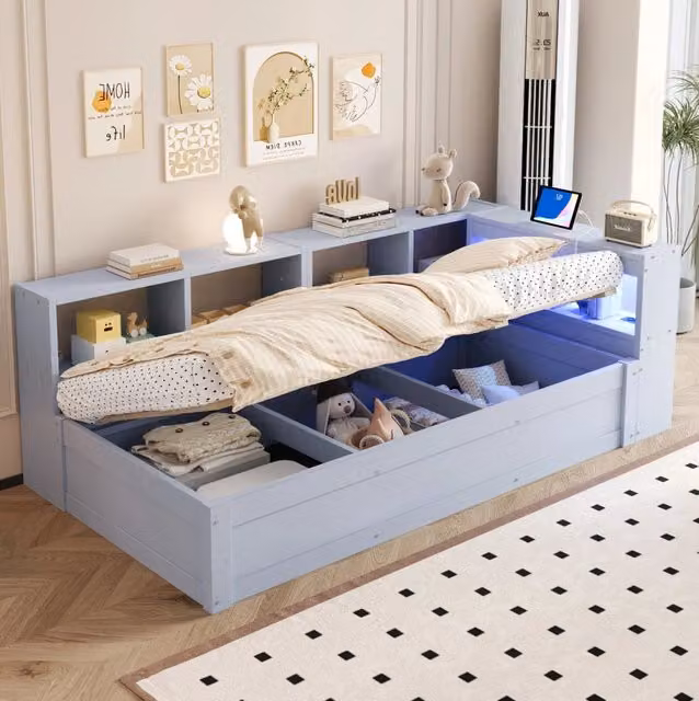 Letto singolo ULEVR 90x200 cm con contenitore idraulico, LED e presa multifunzione, grigio