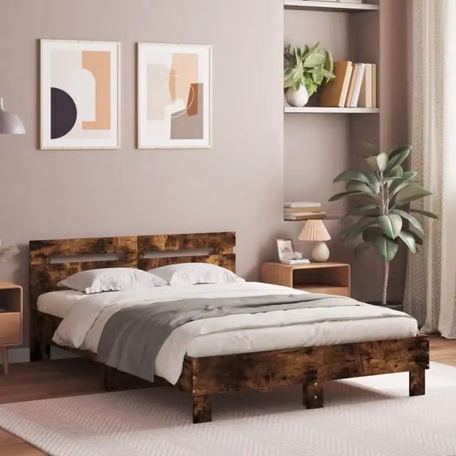 Letto con testiera e illuminazione LED vidaXL in legno Rovere Fumo L: 120 cm, P: 200 cm