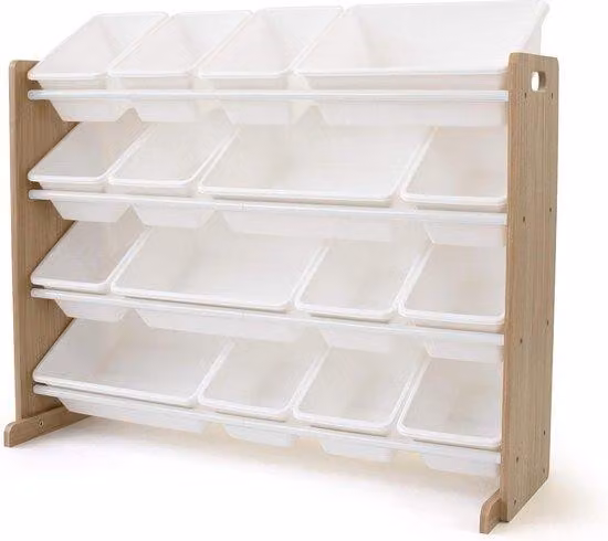 Scaffale con 16 scatole per la cameretta dei bambini - armadio per giocattoli naturale/bianco