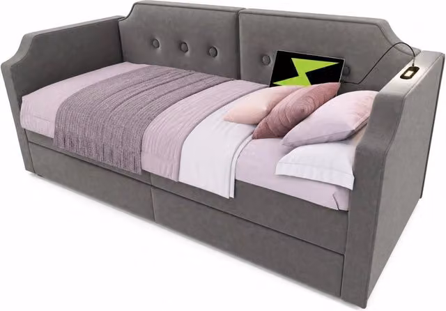 Divano letto 90x200 cm in velluto grigio， USB Type-C， lampada， 2 cassetti， senza materasso