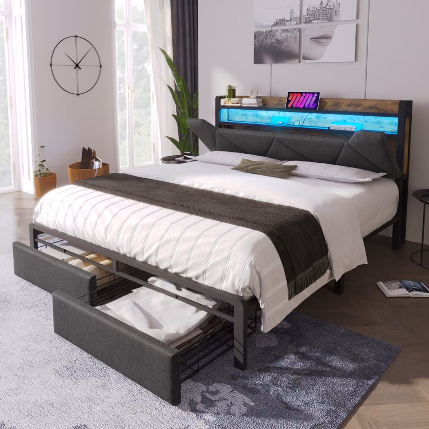 Letto imbottito STILVORA 160x200 cm, letto matrimoniale con funzione di ricarica USB e Type-C, illuminazione a LED e cassetti, testiera con vano portaoggetti, grigio (senza materasso)