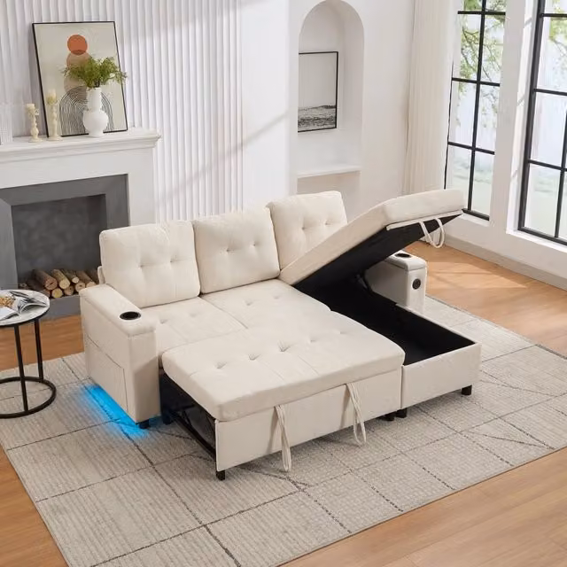Divano angolare droit convertibile 3 posti 208x146 cm con superficie letto 176x122 cm contenitore nascosto LED USB USB-C tessuto beige