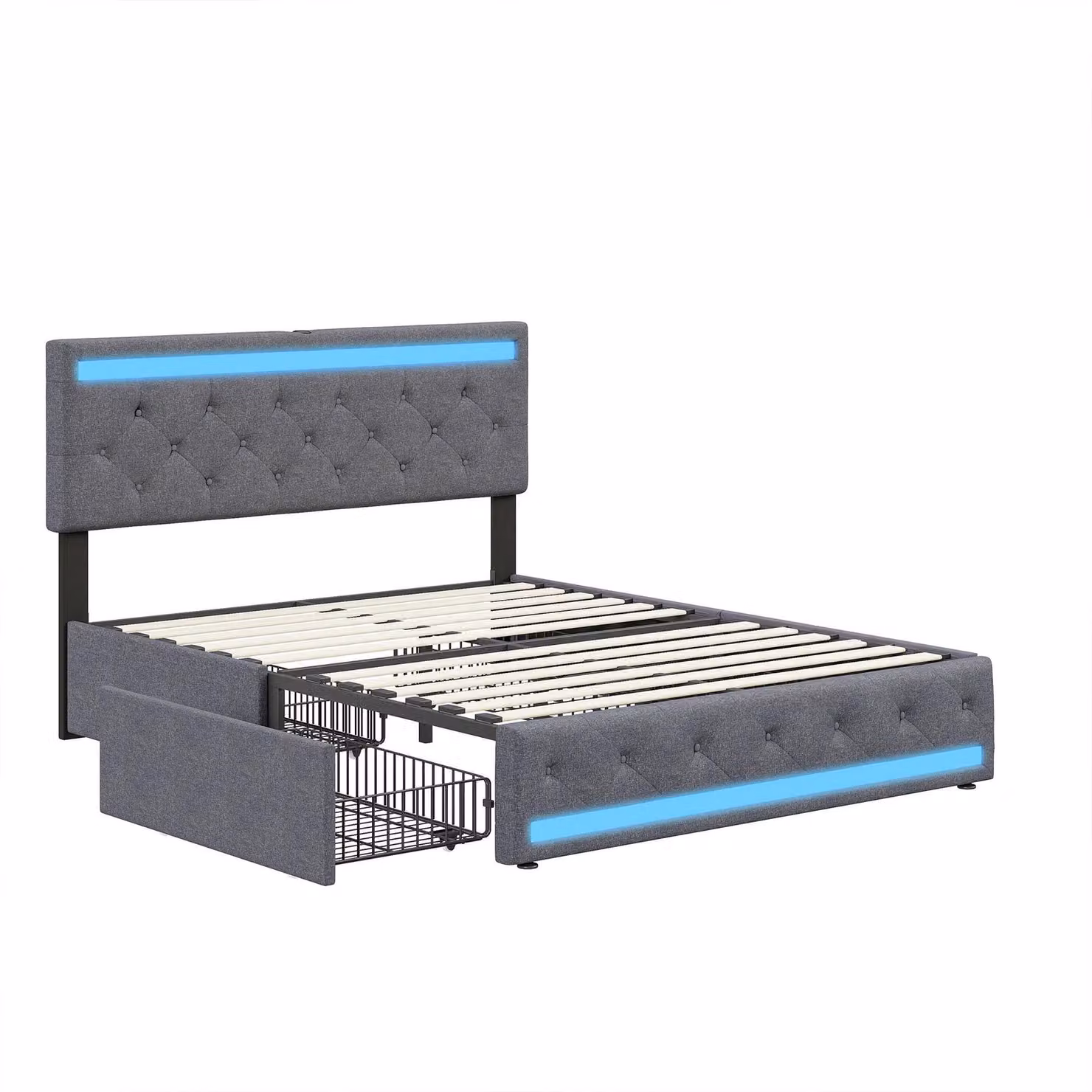 Letto matrimoniale 180x200 cm - Letto imbottito con spazio contenitore - Rivestito in lino - 4 cassetti - Portata massima 350 kg - Arredo moderno per la camera da letto - Grigio scuro