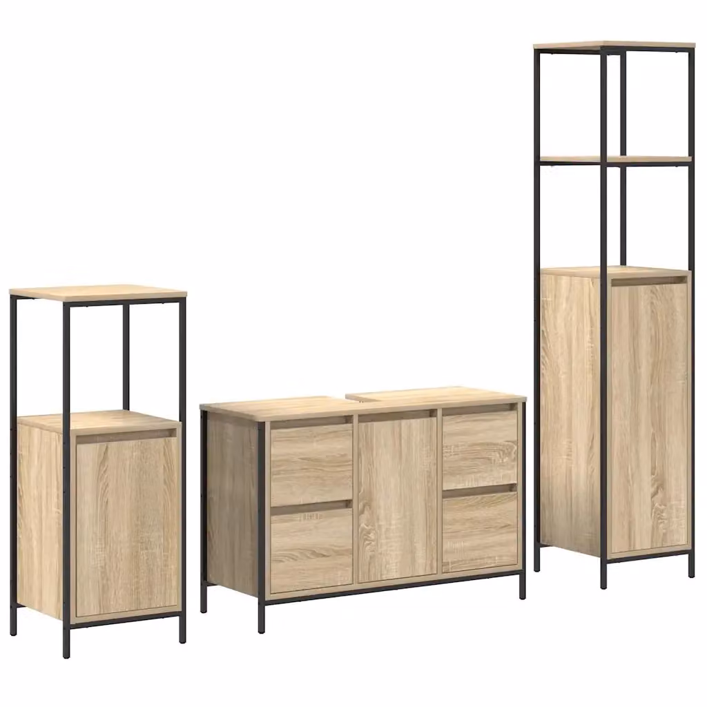 Set di mobili per bagno moderno vidaXL in legno e metallo marrone e nero con vanità, cassetti e ripiani interni – 2