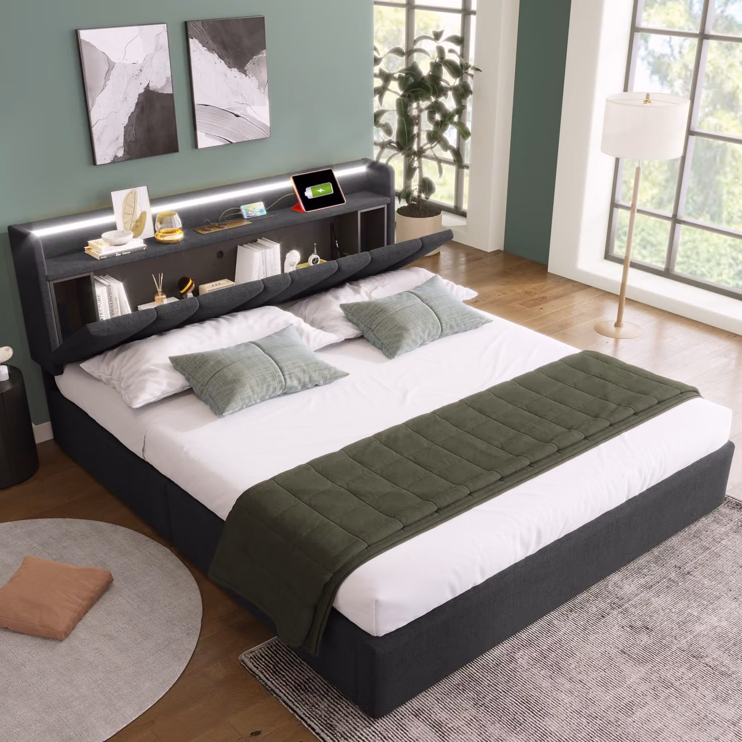 okwish Letto per bambini 160x200 cm, con ricarica USB, poggiatesta e illuminazione LED, struttura letto contenitore, griglia in legno, grigio (senza materasso)