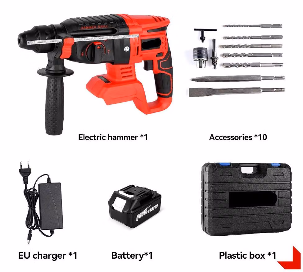 Boorhamer elettrico combinato, potenza 2000W, con batteria e accessori - rosso