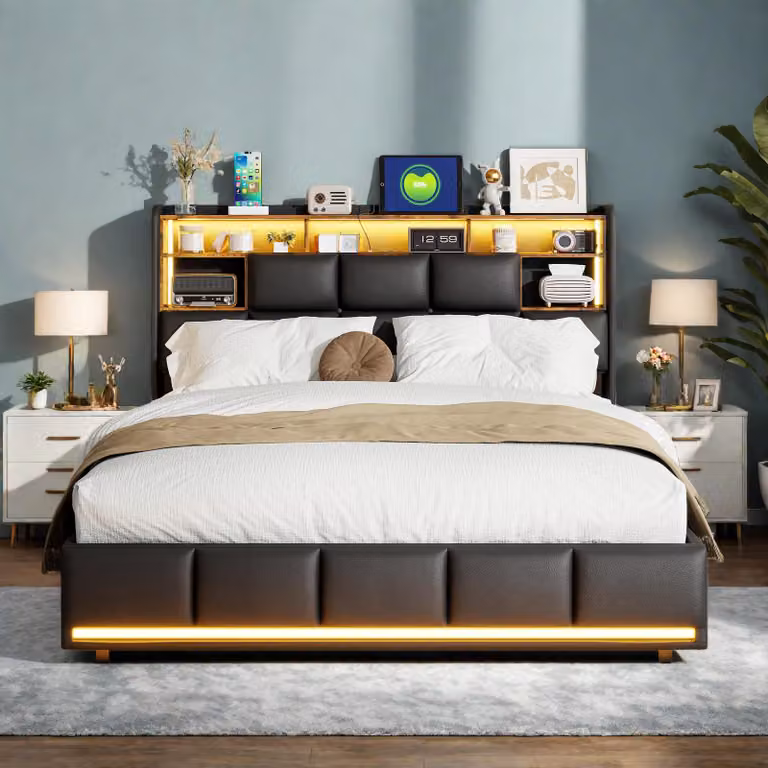 Letto imbottito INONEFT 140x200 con LED e USB, letto a molle con cassettone idraulico, letto per ragazzi con spazio contenitivo, testiera, materiale PU, colore nero