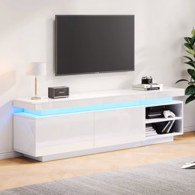 Mobile TV moderno bianco lucido con illuminazione LED, per TV fino a 70 pollici, consolle gaming e multimediale con ampio spazio di archiviazione