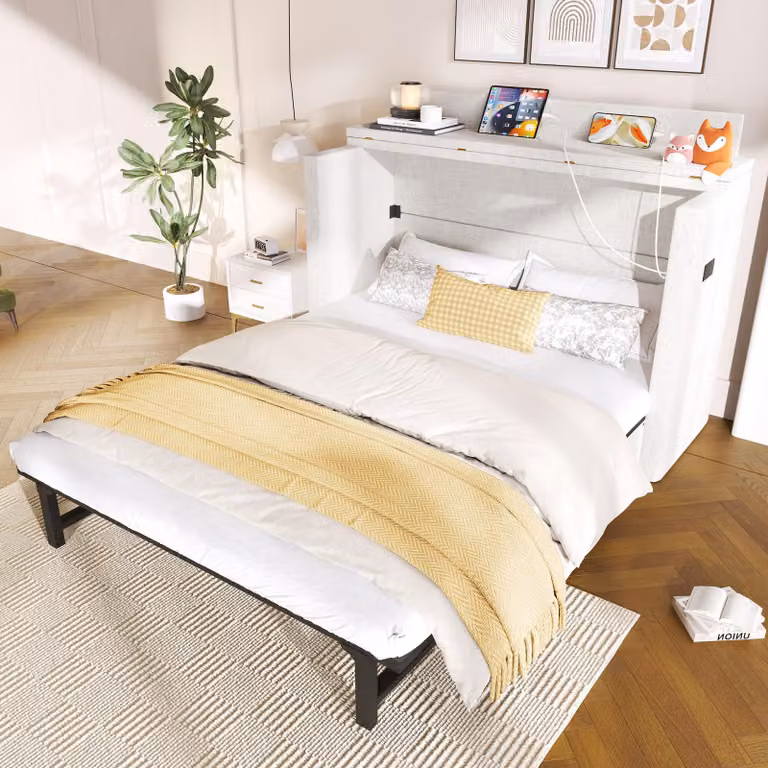 MODFU Letto pieghevole 140x200 cm Letto matrimoniale con cassetti, letto a scomparsa con porte USB e Type-C, letto a piattaforma trasformabile, lenzuola, senza materasso, beige