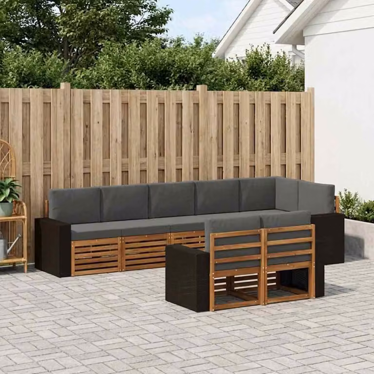 Set di divani da esterno vidaXL 8 pz in legno di acacia con cuscini in poliestere resistente ai raggi UV, colore bianco e grigio, design moderno a forma di L per giardino e terrazza