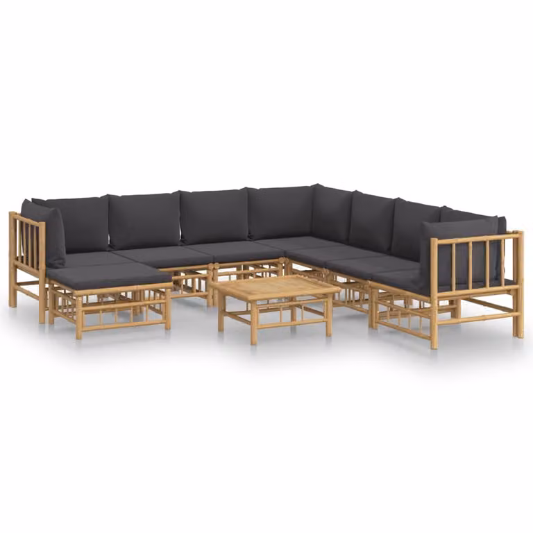 Set Salotto da Giardino 9pz con Cuscini Grigio Scuro Bambù