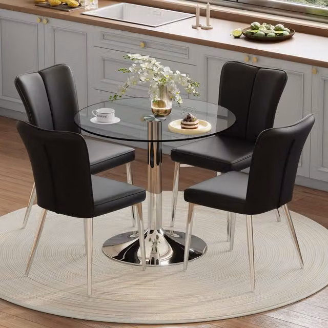 Set tavolo da pranzo e sedie con 1 tavolo e 2 sedie, base stabile, in vetro, metallo e pelle PU nero e argento