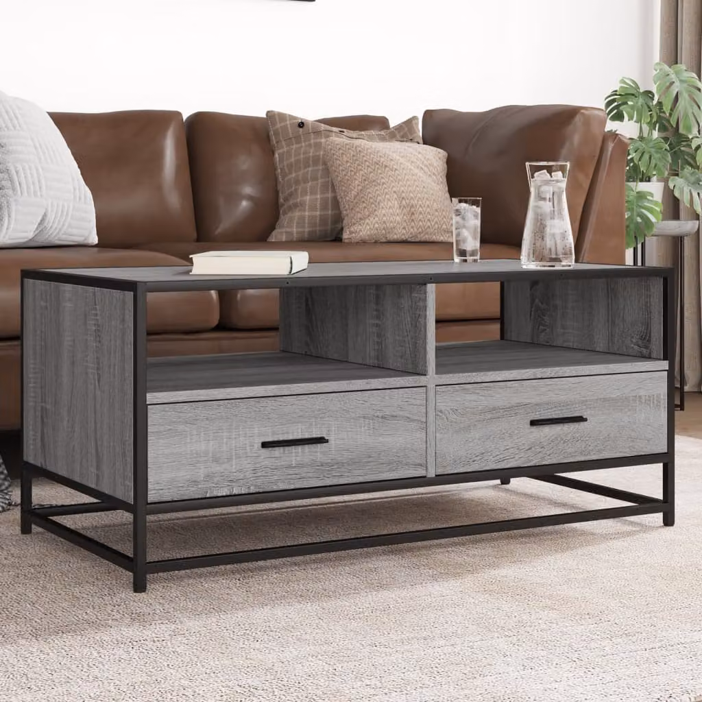 Tavolino da soggiorno vidaXL in stile industriale, colore grigio, realizzato in legno e metallo, L 100 cm x P 50 cm x H 45 cm