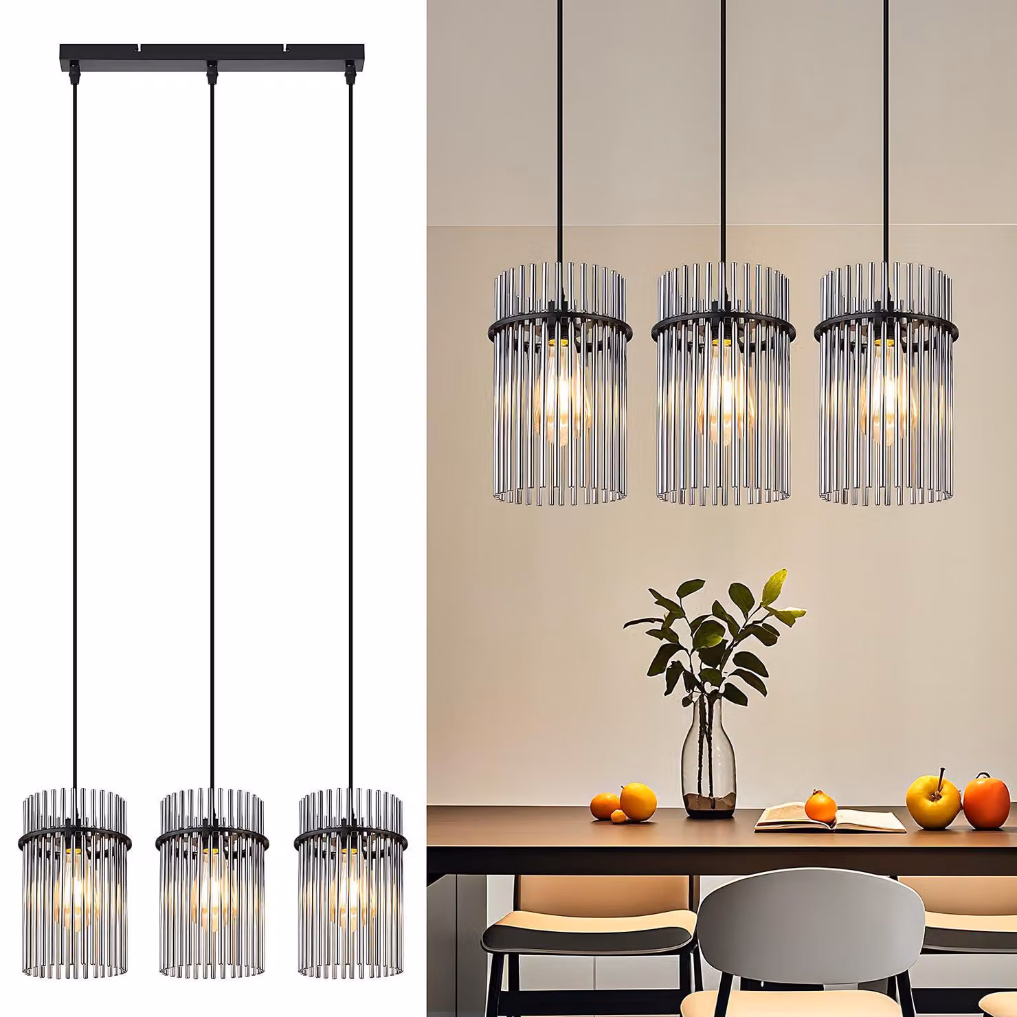 ZMH lampada a sospensione nera a sospensione tavolo da pranzo - luce a sospensione 3 fiamme E27 lampada vintage sala da pranzo a sospensione paralume in vetro Ø 16 per cucina bar caffè soggiorno (senza lampadina)