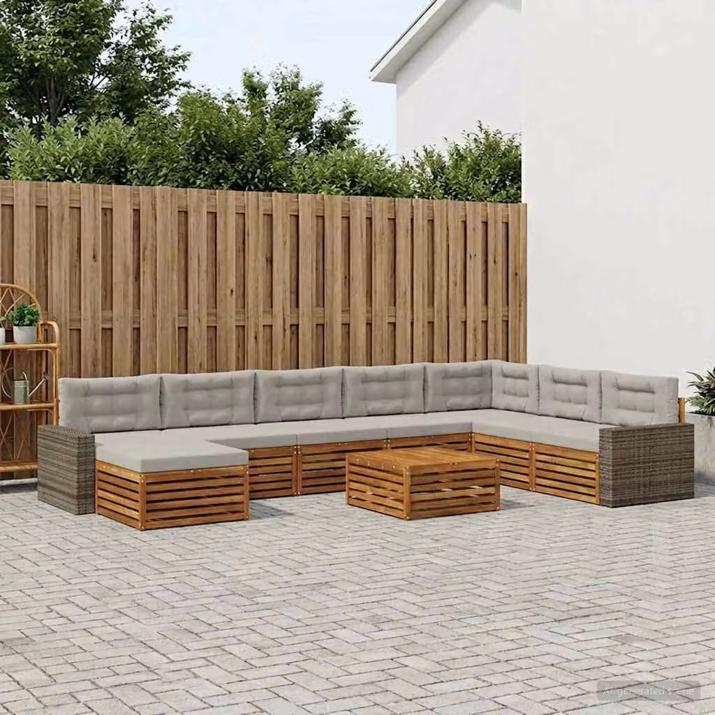 vidaXL Set di divani da esterno 9 pz in legno di acacia con cuscini, colore marrone e grigio