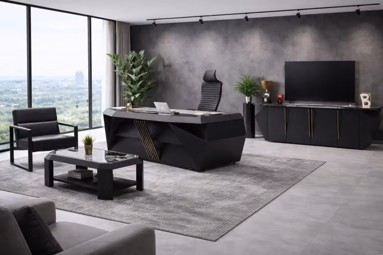 Set di mobili da ufficio di alta qualità, color nero, composto da scrivania e tavolino