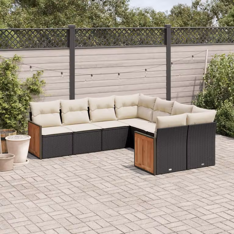 Set di divani da giardino a forma di L vidaXL in polyrattan nero con 8 cuscini e coperture rimovibili