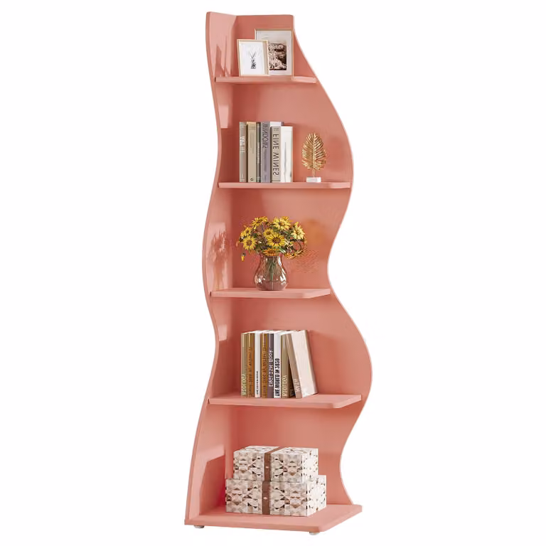 Scaffale angolare Tribesigns, libreria moderna a 5 livelli con forma curva, supporto per piante unico per piccoli soggiorni, rosa