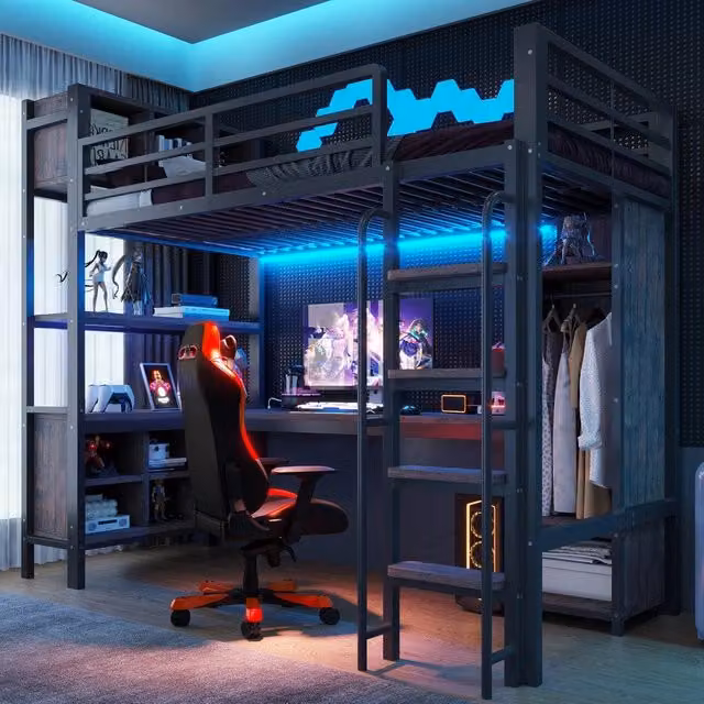 Letto a soppalco con scrivania e armadio ¨C Minimal ¨C Nero 90x200 cm con LED