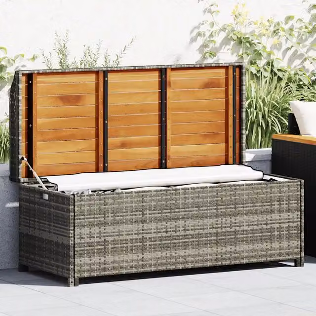 Panca da giardino moderna vidaXL in legno di acacia oliato con vano portaoggetti grigio L: 120 cm – 1