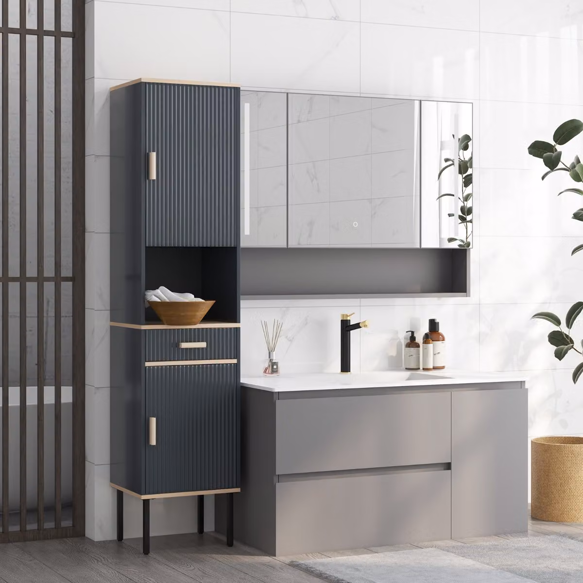 Mobile da bagno alto indipendente Costway con scomparto aperto e cassetto, colore grigio opaco