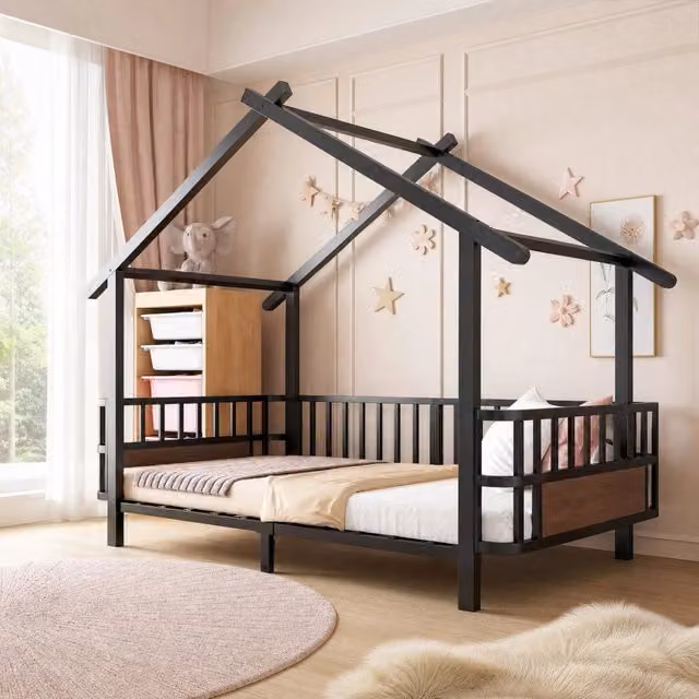 Letto a casetta per bambini OKWISH in metallo nero, L/P/H: 200 x 90 x 168,5 cm