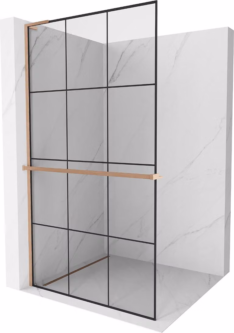 Mexen Kioto+ L parete doccia con mensola Walk-in 100 x 200 cm, griglia nera, rame spazzolato - 800-100-123-65-77