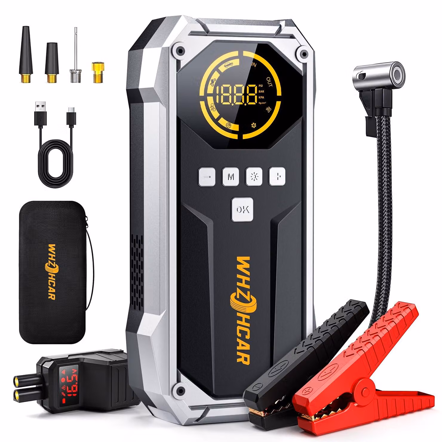 Power bank 8000A con compressore da 150 PSI e funzione avviatore di emergenza - 4 in 1, con torcia LED